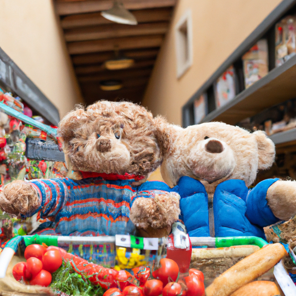 teddy bears shopping for groceries in France