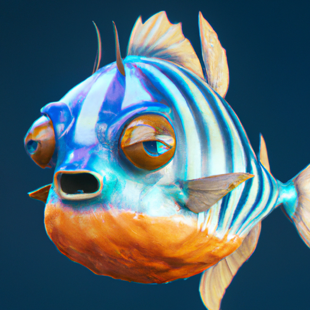 3D render of a cute tropical fish in an aquarium on a dark blue background, digital art
