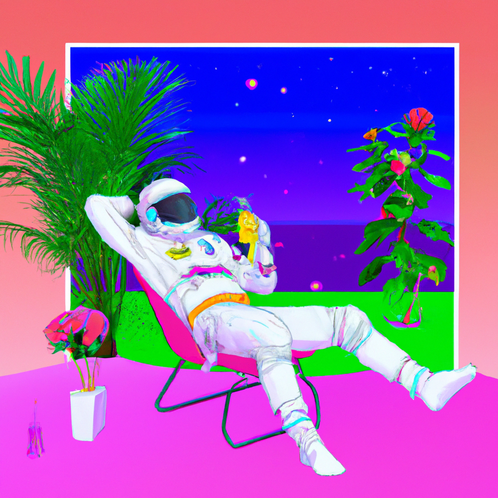 an astronaut lounging in a tropical resort in space, vaporwave