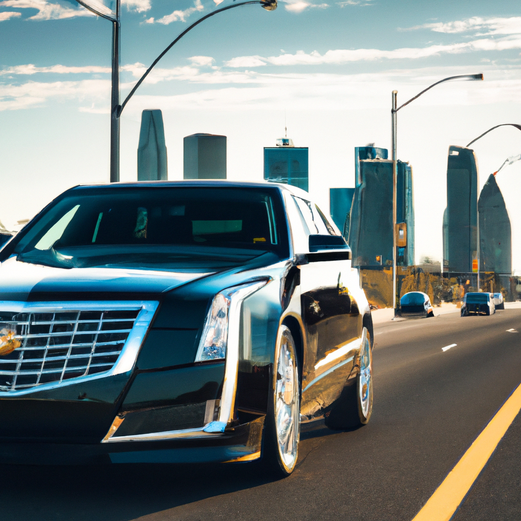 A modern, sleek Cadillac drives along the Gardiner expressway with downtown Toronto in the background, with a lens flare, 50mm photography
