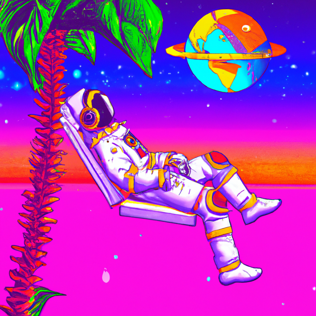 an astronaut lounging in a tropical resort in space, vaporwave