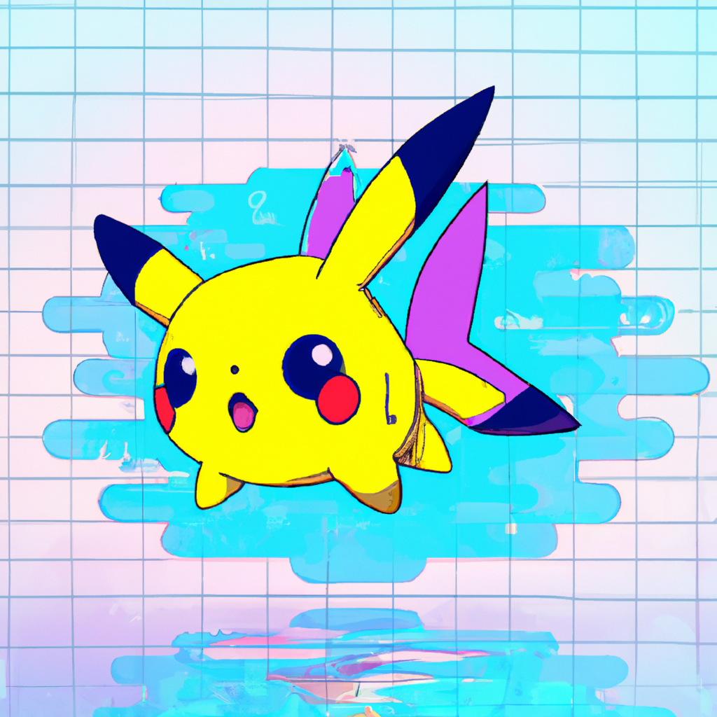 pikachu in the form of a fish underwater, animated , vaporwave