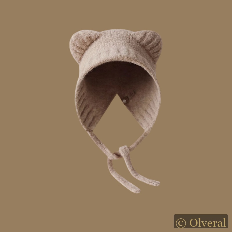 Bonnet chaud en laine à lacets avec ours en maille et oreilles, style sauvage, mignon et adorable.