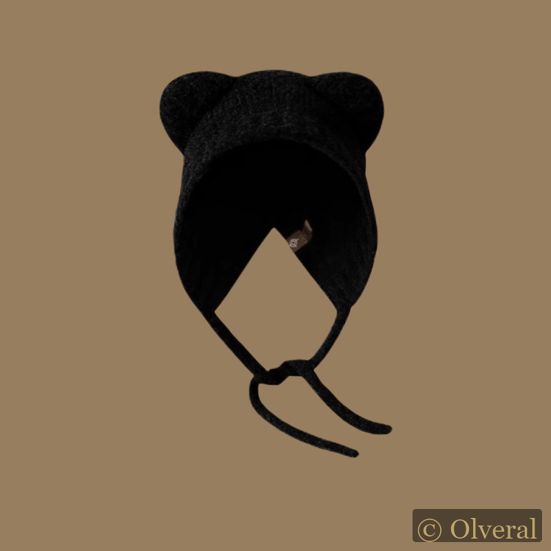 Bonnet chaud en laine à lacets avec ours en maille et oreilles, style sauvage, mignon et adorable.