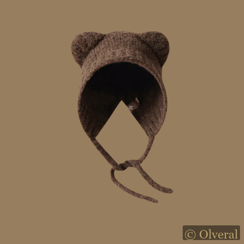 Bonnet chaud en laine à lacets avec ours en maille et oreilles, style sauvage, mignon et adorable.