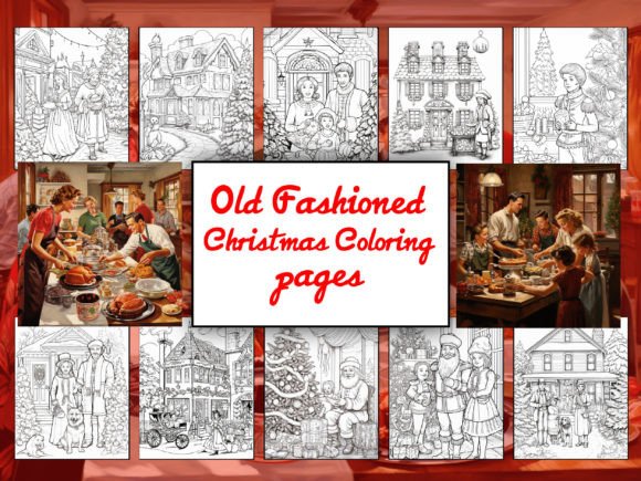 Vintage Christmas coloring pages collage with family scenes and holiday activities