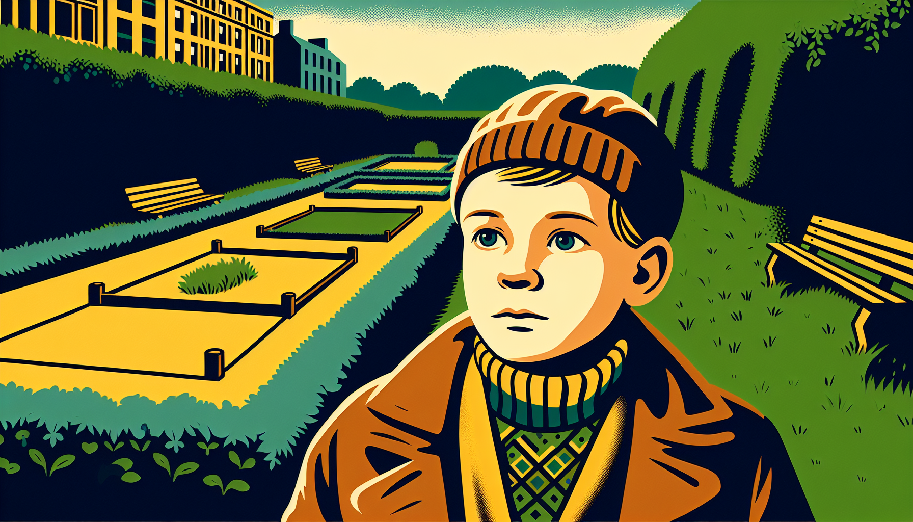 A child looks longingly at an empty space in the garden where a playground should be. Minimalist cartoon graphic.