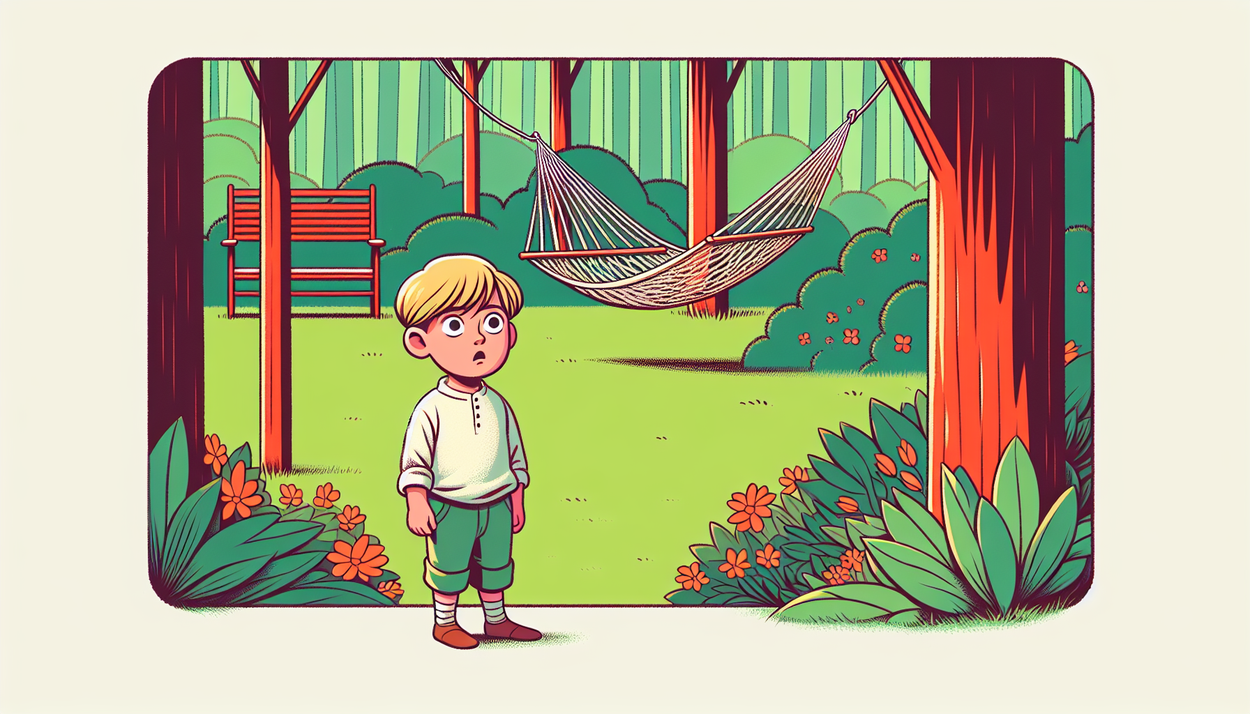 Un enfant se trouve désorienté dans un jardin et regarde un hamac suspendu de travers entre deux arbres.