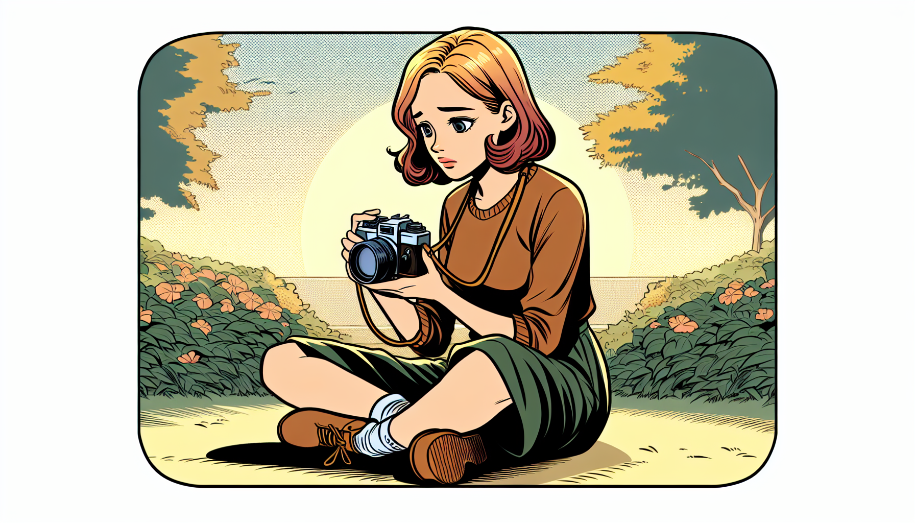 Personnage de dessin animé dans le jardin, frustré avec son appareil photo attendant un oiseau dans des couleurs chaudes et un design minimal.