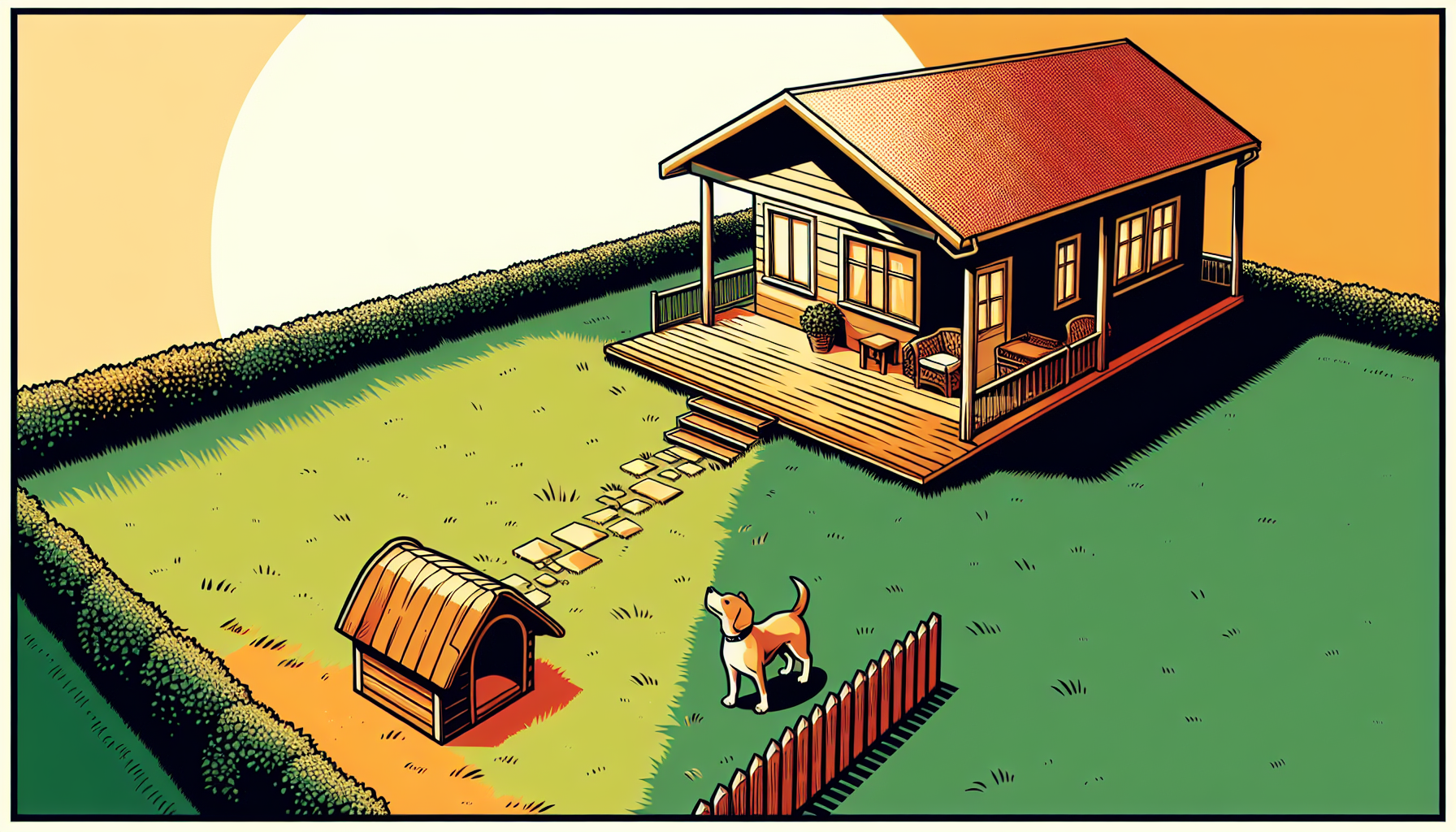 Glücklicher Hund im großzügigen Garten, neugierig auf eine gemütliche Hundehütte in warmer, minimalistischer Cartoon-Illustation.