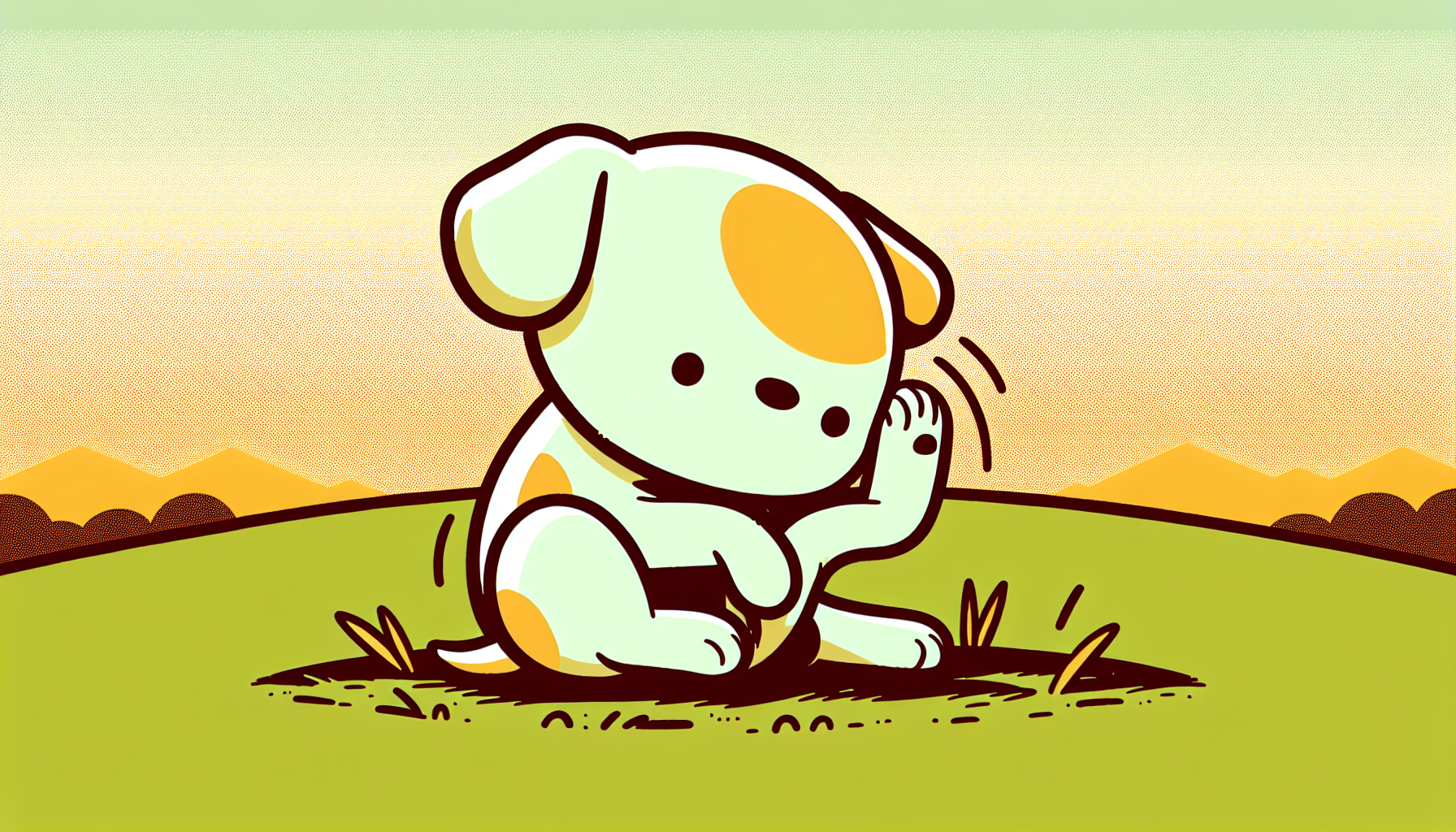 Einfache Cartoon-Hund kratzt sich am Ohr, sitzt auf einer grünen Wiese unter klarem Himmel in sanften Farben.