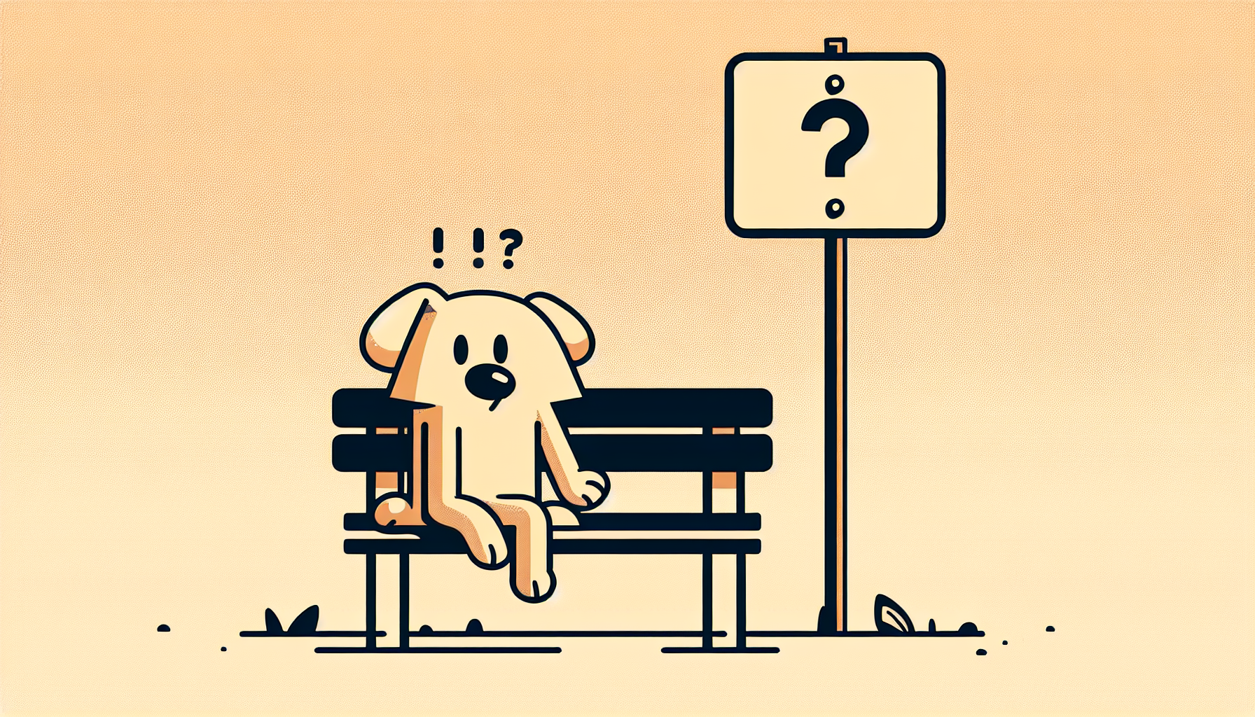 Ein einfacher Cartoon-Hund sitzt verwirrt auf einer Parkbank neben einem Schild mit Hunde-Regeln in warmen Farben.
