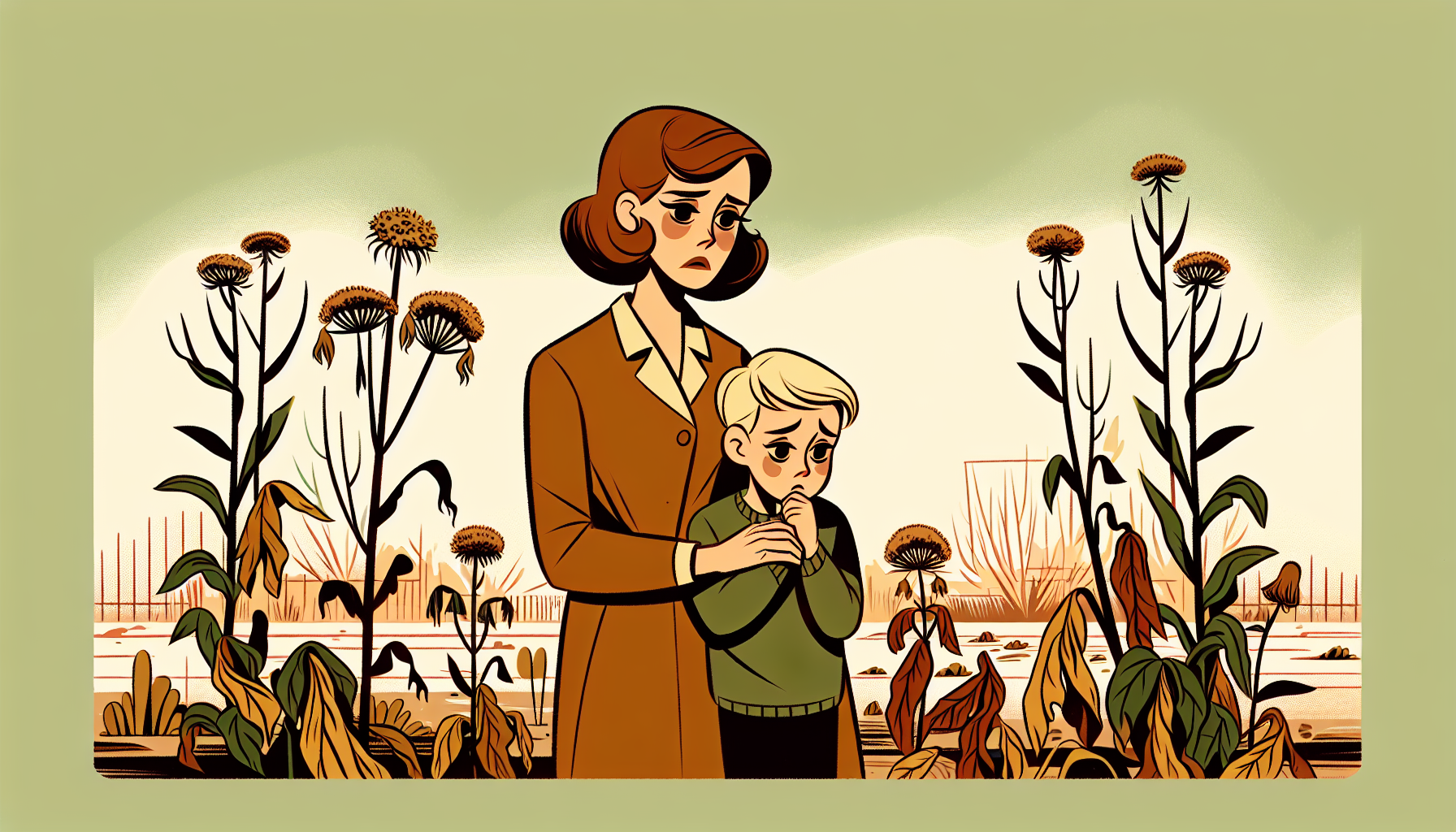 Besorgte Mutter und Kind in kargem Garten mit verwelkten Pflanzen, im europäischen Comicsyle in warmen Farben.