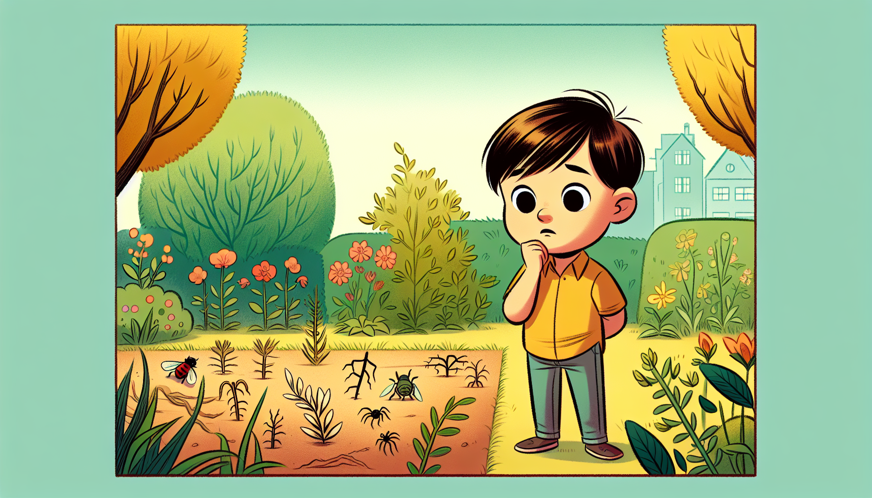 Enfant observe avec inquiétude un jardin vide, sans insectes ni fleurs, dans le style chaleureux de la bande dessinée européenne.