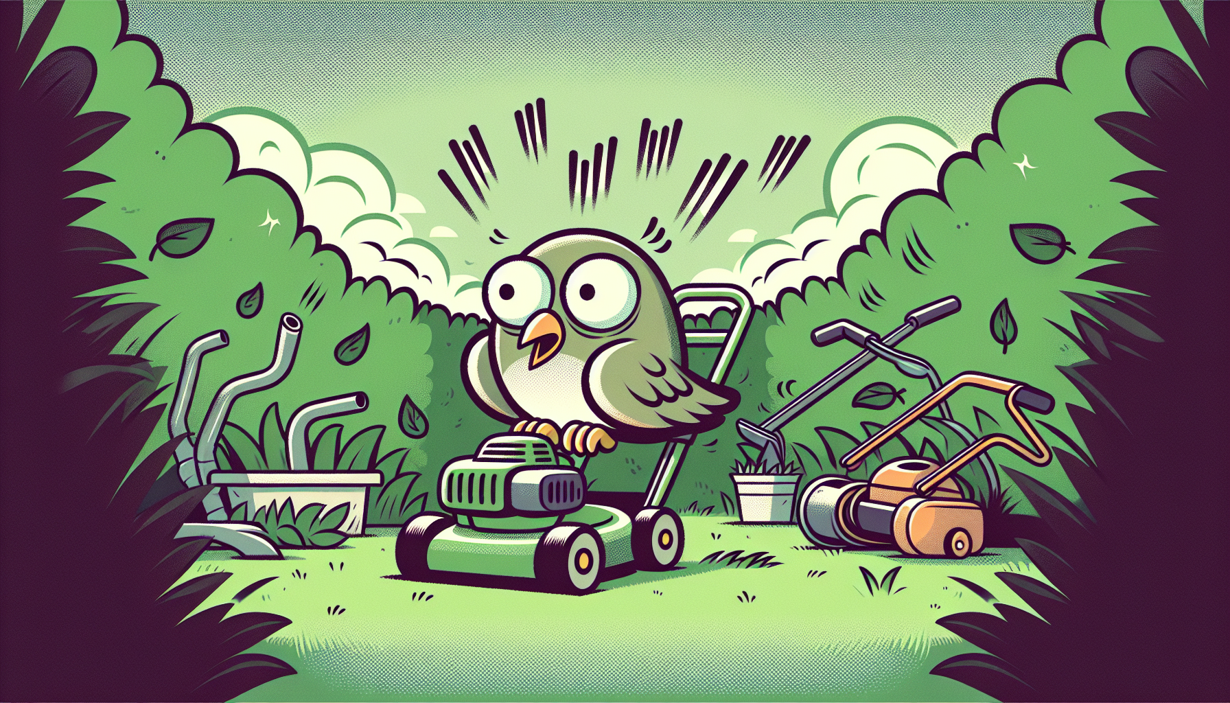 A fearful cartoon bird in a quiet garden with noisy garden tools in soft colors.