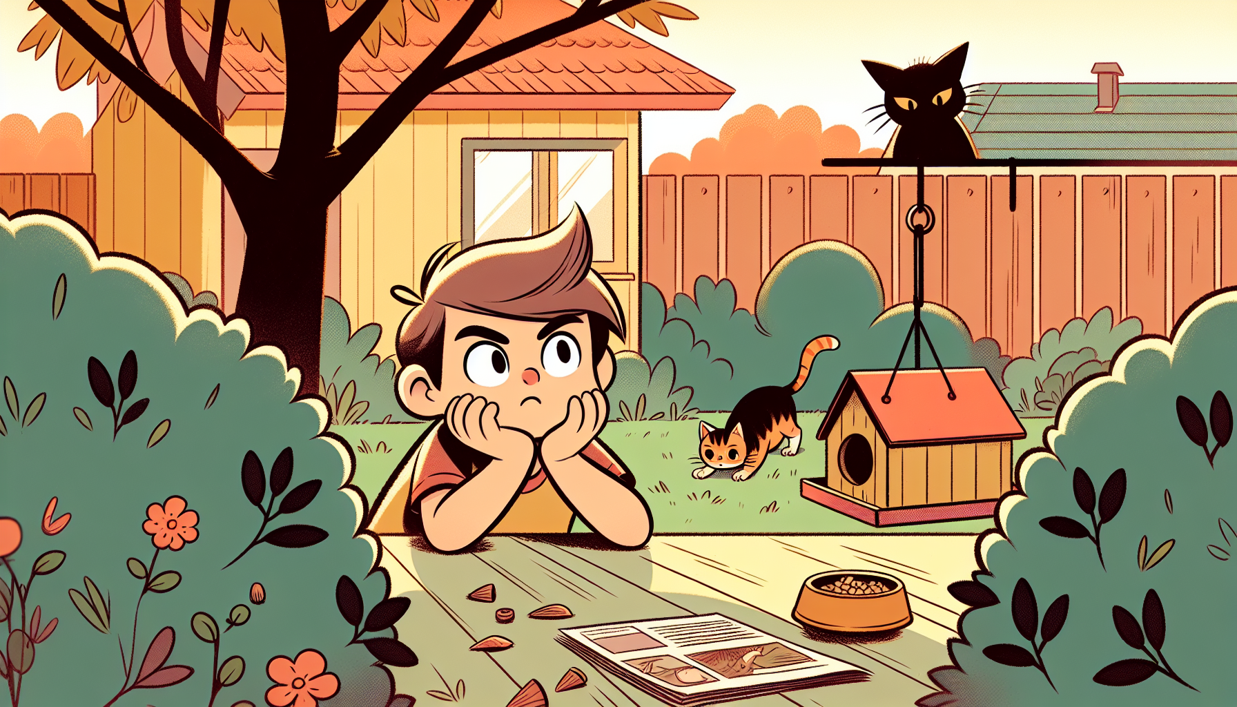 An anxious child watches a domestic cat stealthily approaching the bird house in the garden. Warm and minimalist colors.