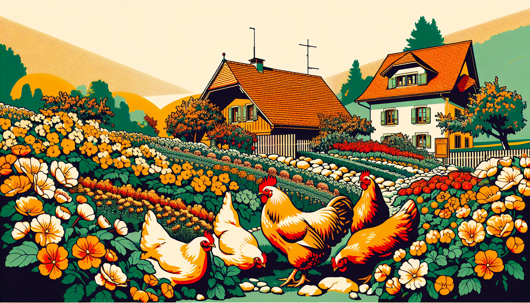 Gesunde Hühner in einem malerischen Schweizer Garten mit Blumen und Grün, symbolisieren die Bedeutung von Impfungen.