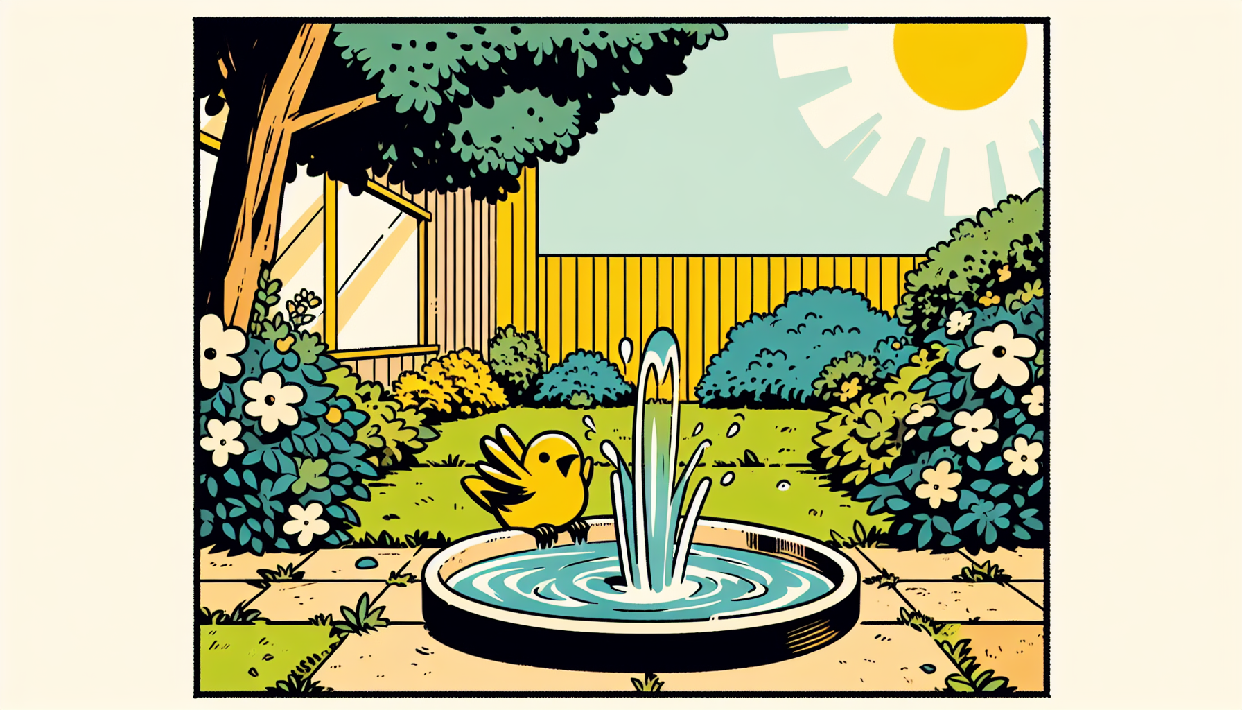 Minimale Cartoon-Darstellung eines fröhlichen Vogels im Vogelbad in einem sonnigen Garten mit warmen Farben.