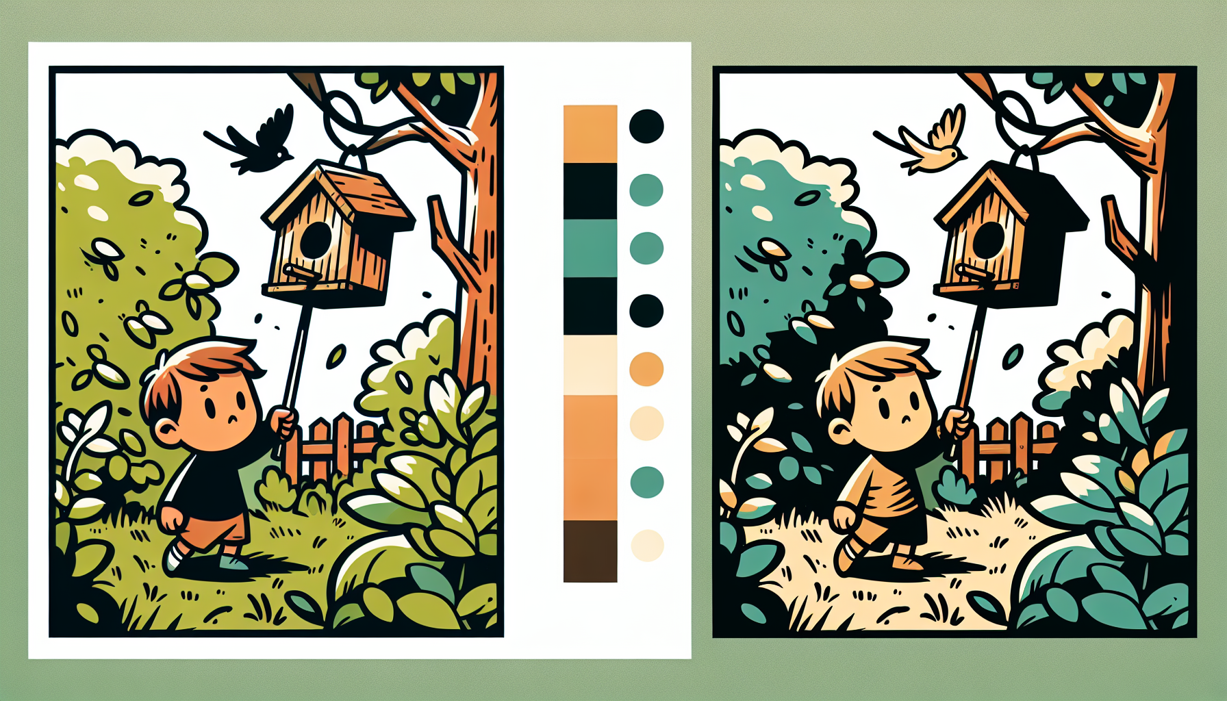 Un enfant perplexe observe un nichoir vide dans un jardin mal entretenu, illustration minimaliste aux couleurs chaudes.
