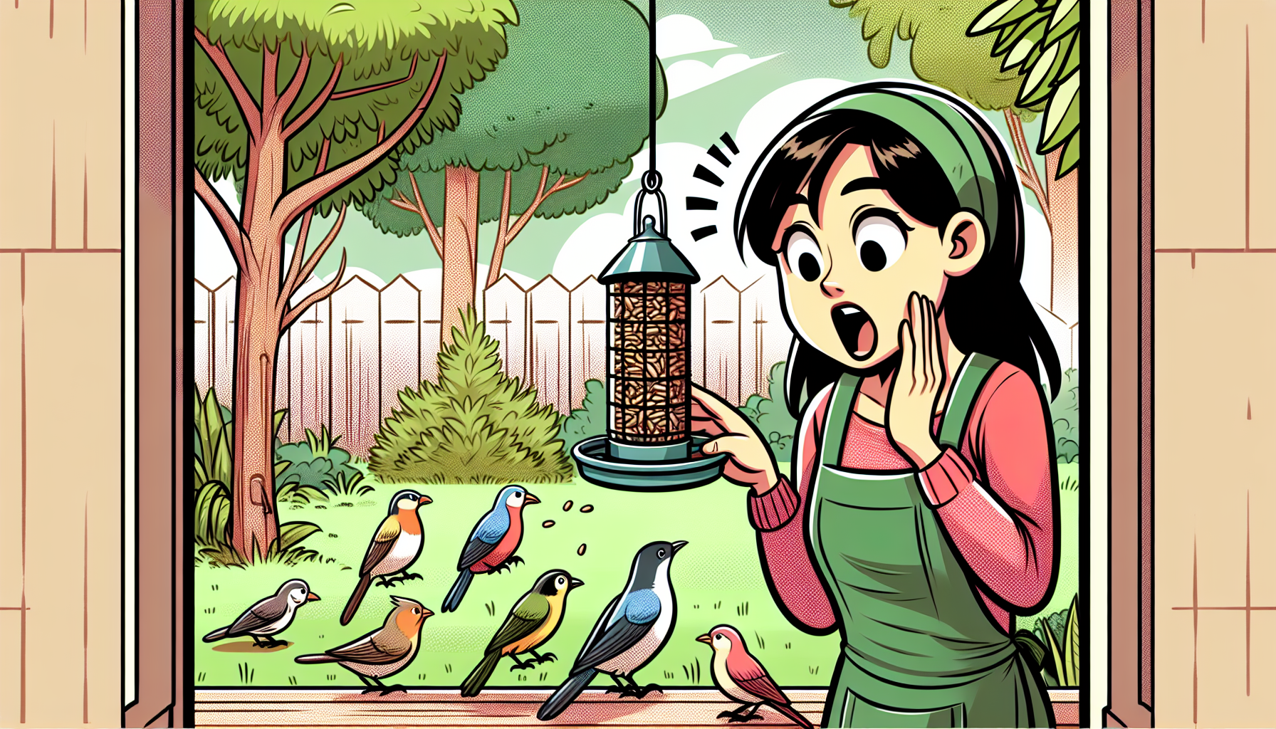 Überraschter Gärtner beobachtet invasive Vögel an einem Futterspender in einem üppigen Garten, im europäischen Comic-Stil.