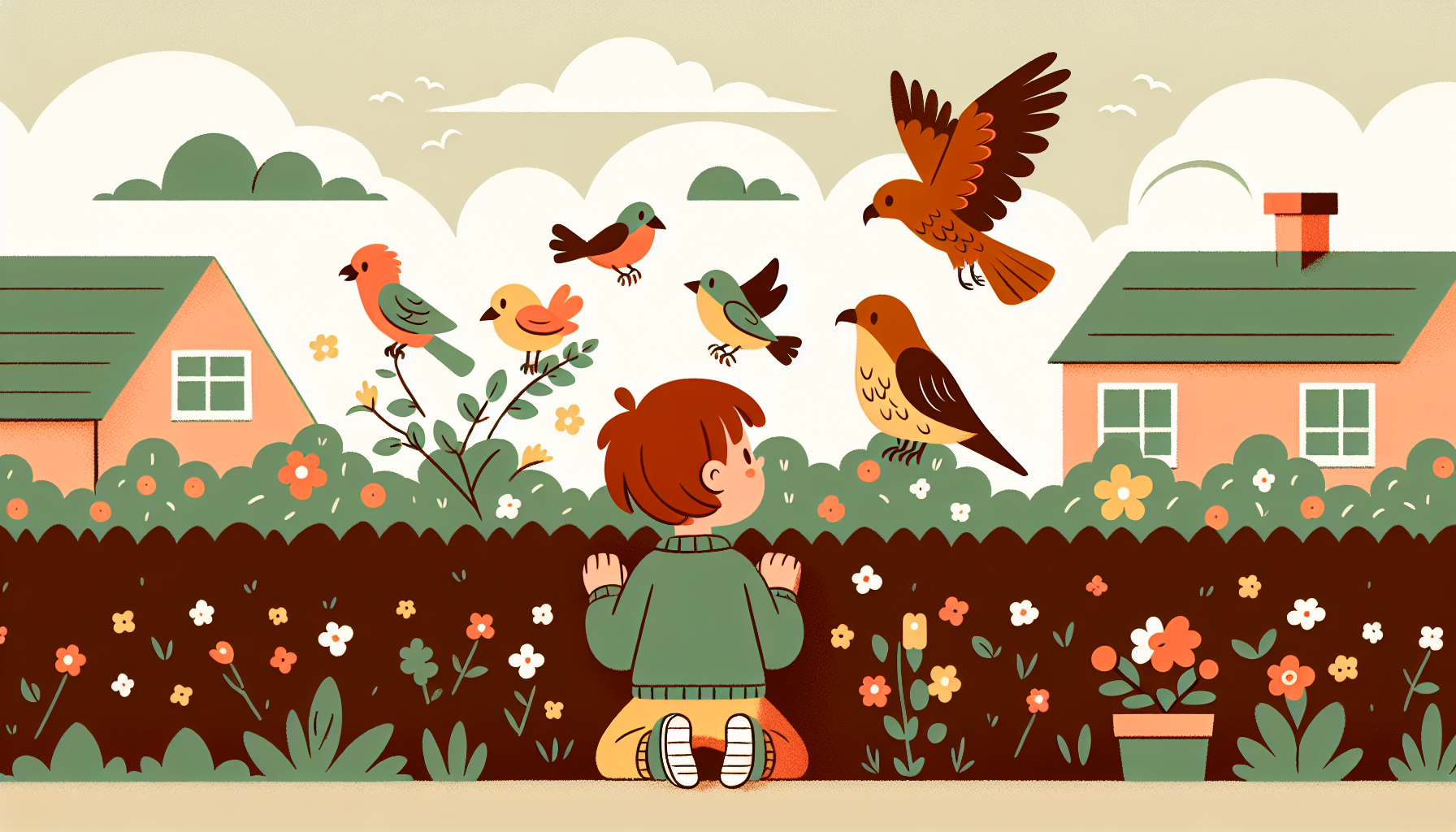 A child observes confused birds in a garden, with singing birds and a silent falcon in the sky.