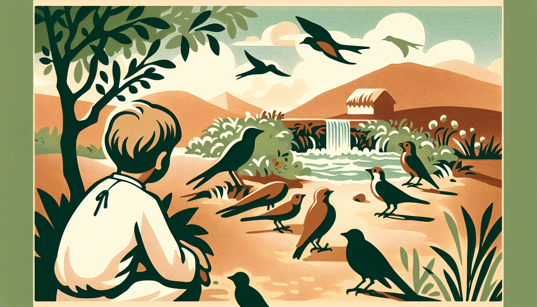 Ein Kind beobachtet Vögel, die im trockenen Garten Wasser suchen, in einem minimalistischen, warmen Comic-Stil.