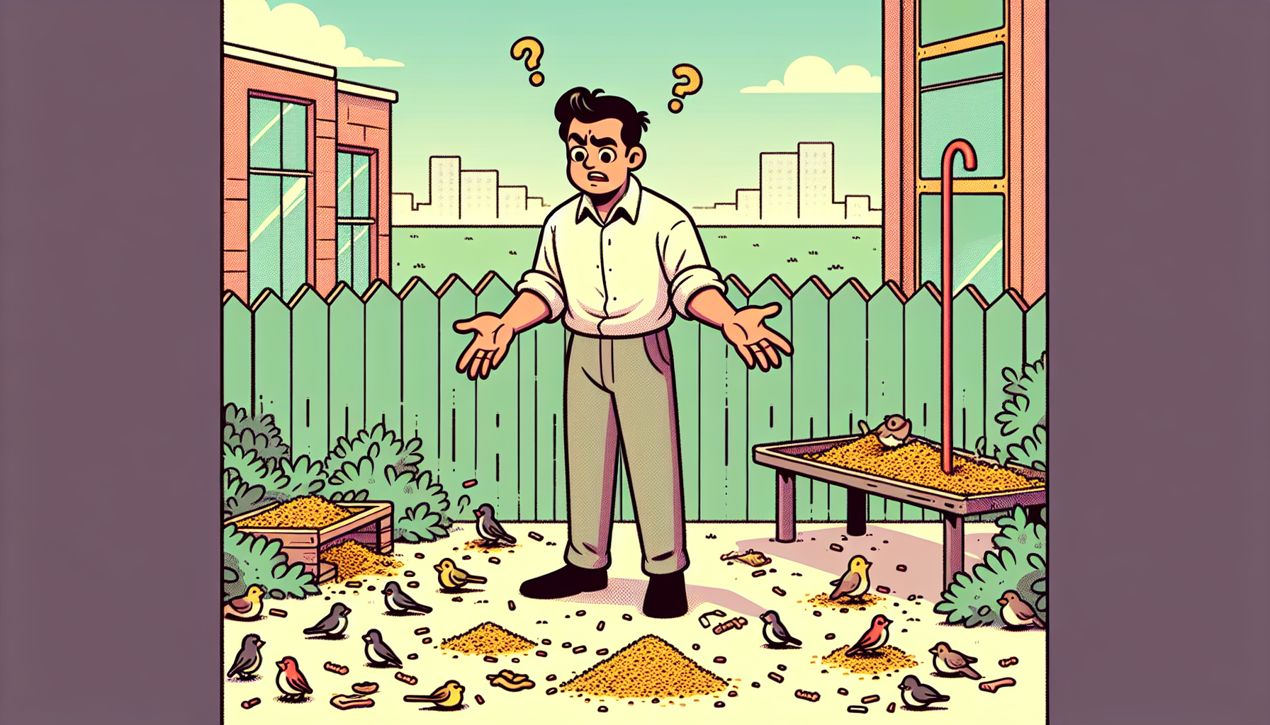 Puzzled Person in urbanem Garten, umgeben von unpassendem Vogelfutter, warme Farben, minimalistische Illustration.
