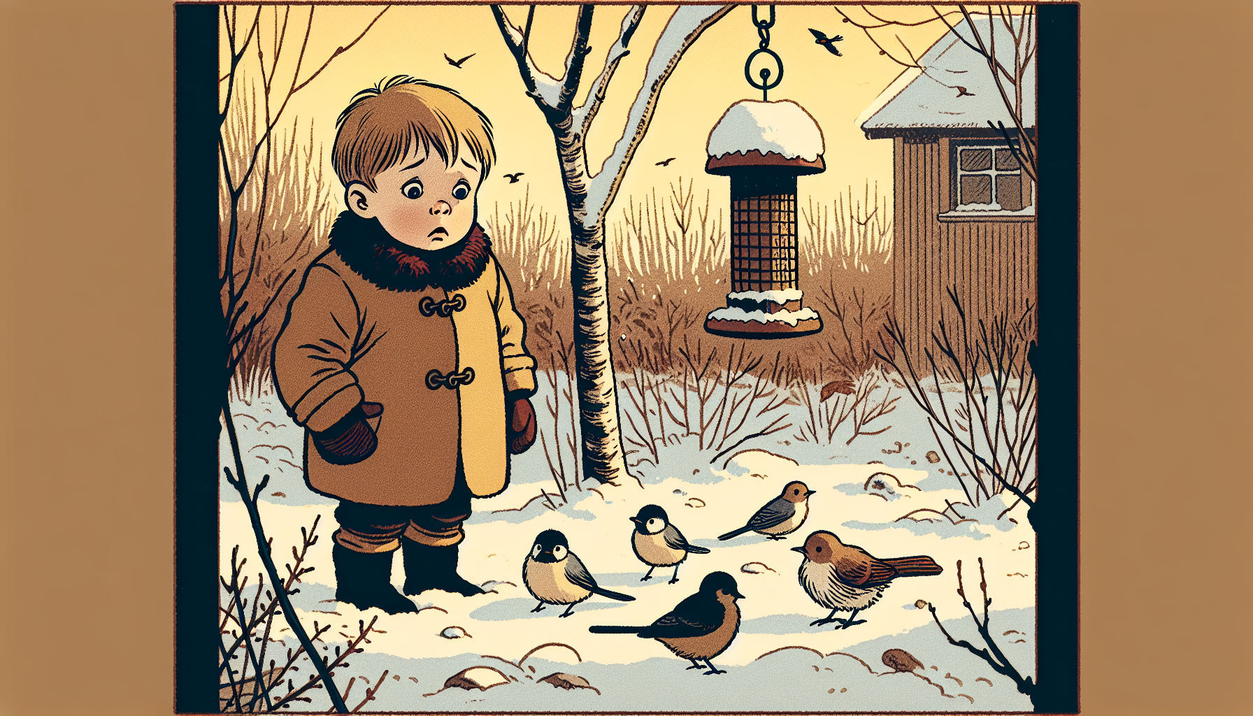 Besorgtes Kind im winterlichen Garten mit leerem Futterhaus und wenigen Vögeln, sanfte Farben im europäischen Comic-Stil.