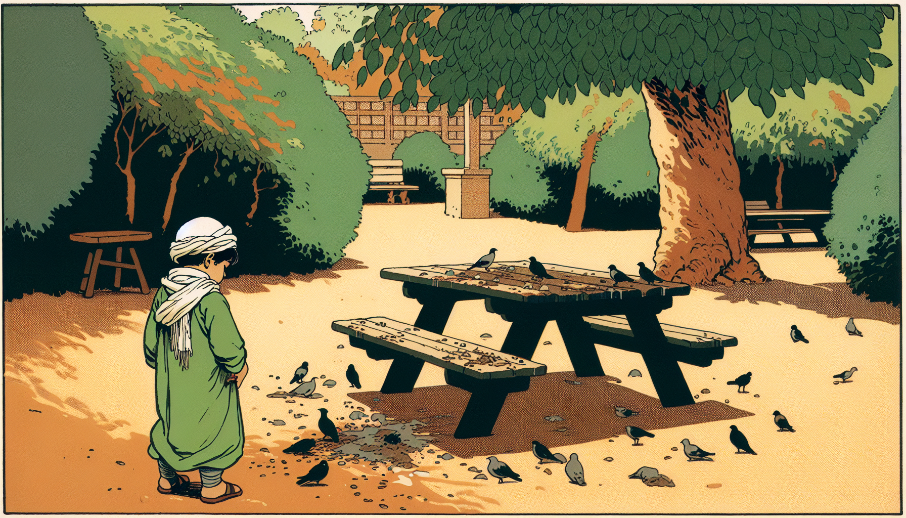Kind im Garten schaut entsetzt auf einen schmutzigen Picknicktisch voller Vogelkot in einem warmen Cartoon-Stil.