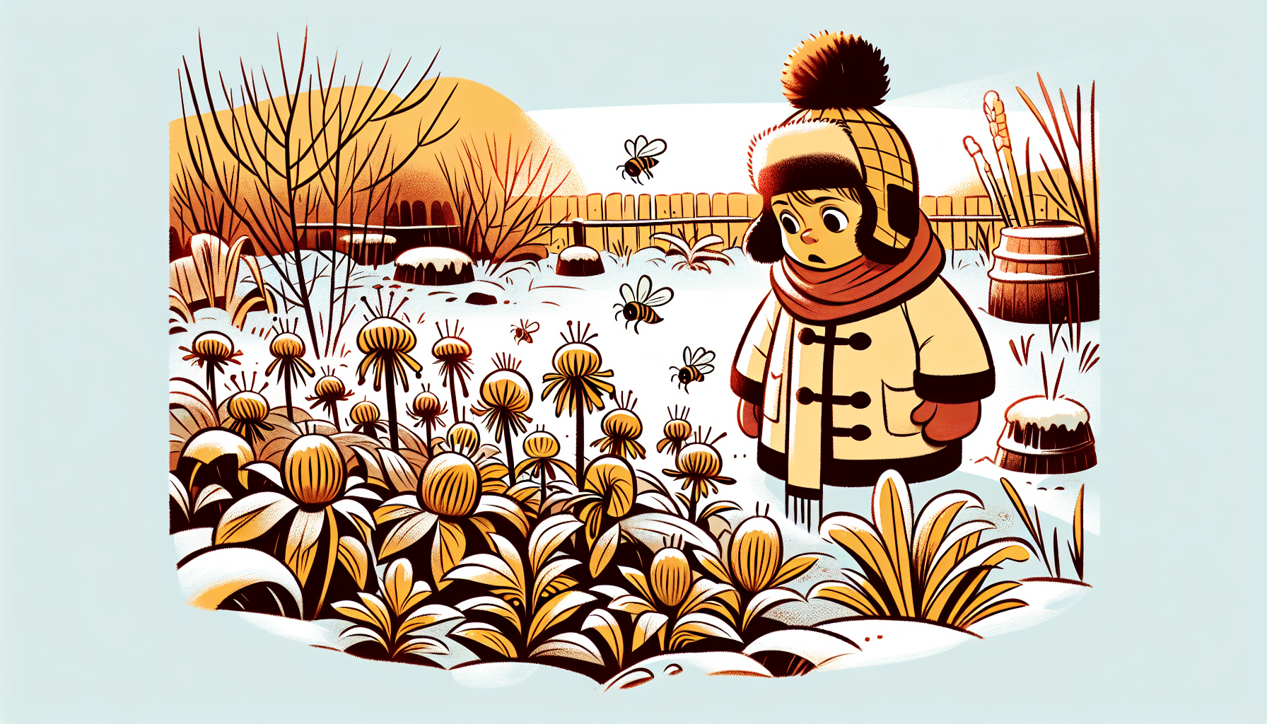 Besorgtes Kind blickt auf kahle, frostige Blumenbeete ohne Bienen in einem minimalistischen Wintergarten.