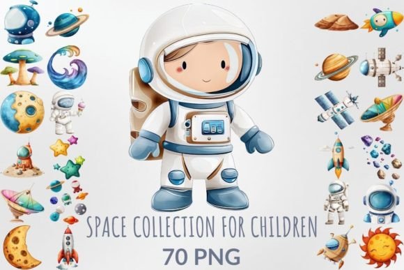 Watercolor Space Collection for Children - Astronaut and Celestial Elements