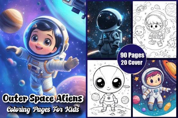 Outer Space Aliens Coloring Book Cover with Astronaut and Planets