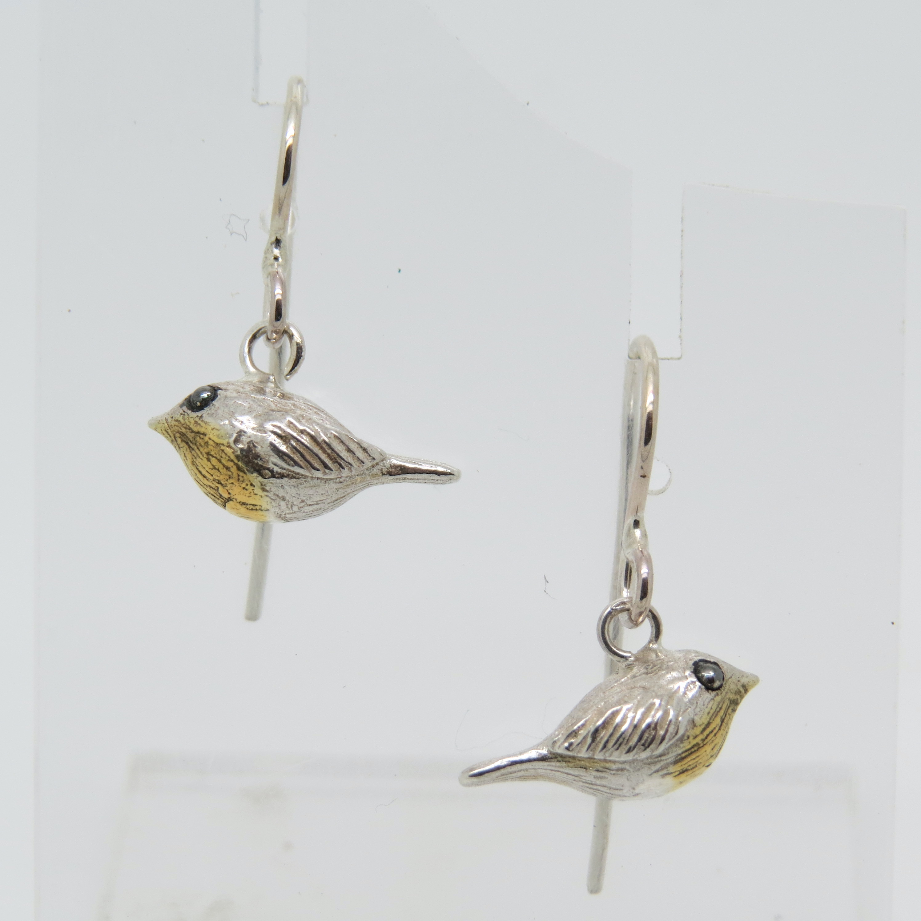 robin redbreast drop silver and gold handmade earrings