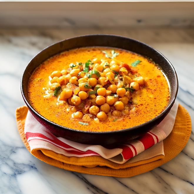 Indische Kichererbsen-Kokos-Suppe mit Babyspinat und saurer Sahne