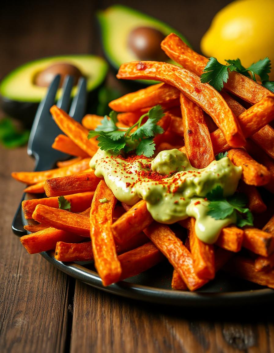 Gebackene Süßkartoffel-Pommes mit Avocado-Dip