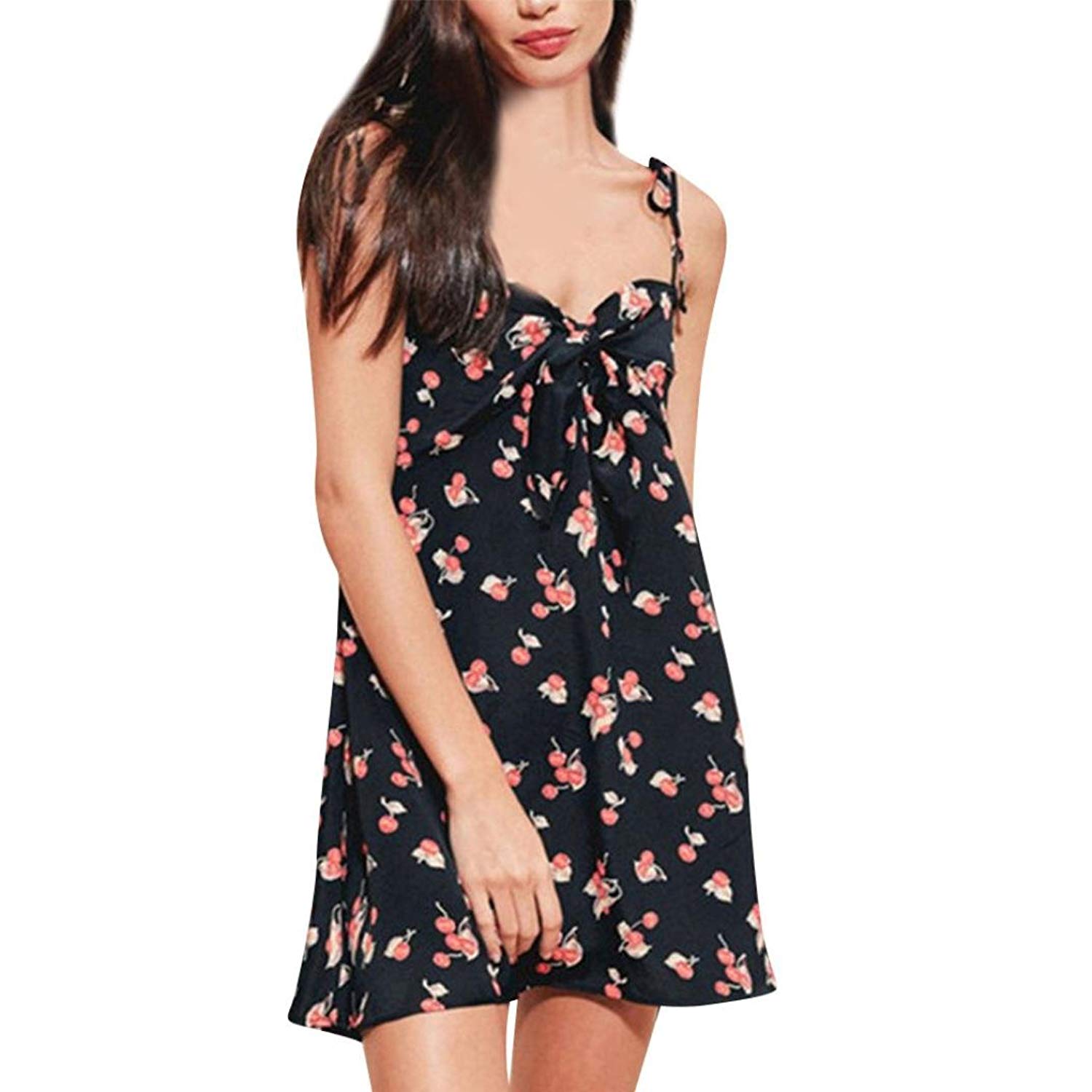 Zainafacai Mini Dress,Women Sexy Spaghetti Strap Printing Bow-Knot Front Backless Sleeveless Short Dress