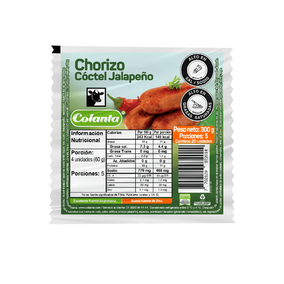 Chorizo Coctel Jalapeño Premium Colanta X 300 g