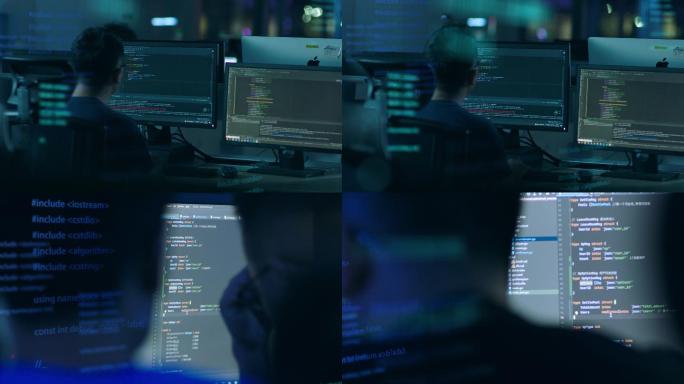 Programmer late-night coding, AI customer service system, code screen
