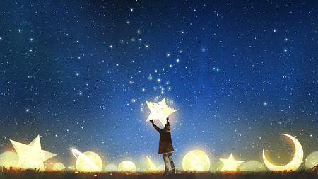 Beautiful scenery showing the young boy standing among glowing planets and holding the star up in the night sky, digital art style, illustration painting Stock Photo