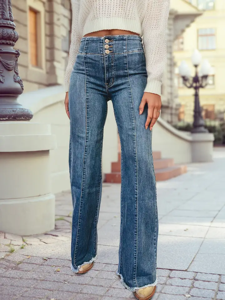 High Waist Button Fly Seamed Raw Hem Flare Jeans - Sail Blue - 10