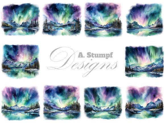 Aurora Landscape Northern Lights Watercolor Art