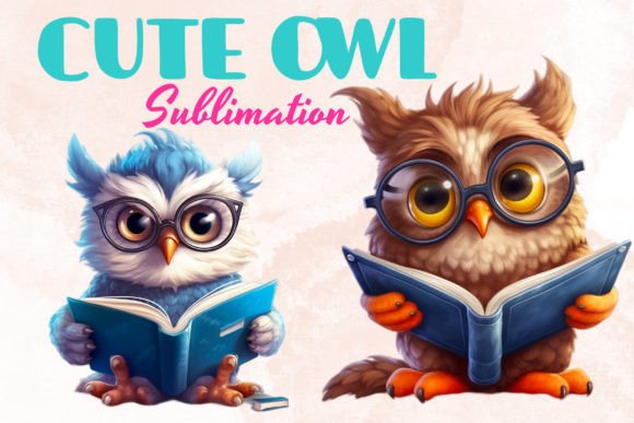 Cute cartoon owls reading books illustration