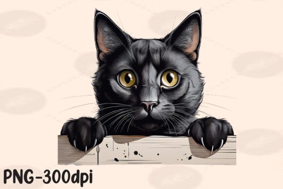 Black cat peeking over wooden surface with yellow eyes - coloring page illustration
