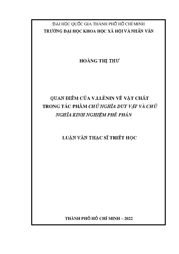 Quan điểm của V.I.Lênin về vật chất trong tác phẩm chủ nghĩa duy vật và chủ nghĩa kinh nghiệm phê phánLuận văn Thạc sĩ8.22.90.01