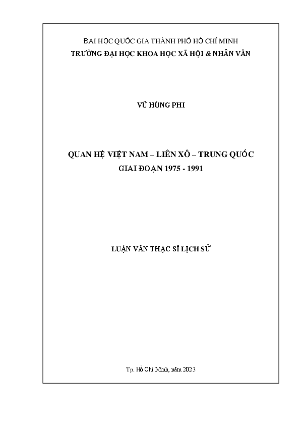 Quan hệ Việt Nam - Liên Xô - Trung Quốc giai đoạn 1975-1991Luận văn Thạc sĩ8.22.90.13