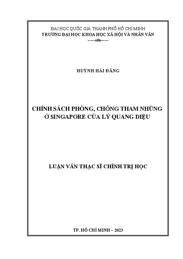 Chính sách phòng, chống tham nhũng ở Singapore của Lý Quang DiệuLuận văn Thạc sĩ8.31.02.01