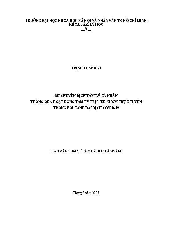 Sự chuyển dịch tâm lý cá nhân thông qua hoạt động tâm lý trị liệu nhóm trực tuyến trong bối cảnh đại dịch COVID-19Luận văn Thạc sĩ8.31.04.02