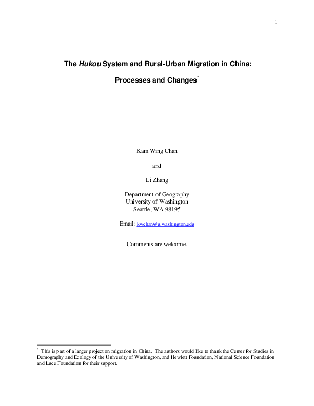 The Hukou system and rural-Urban migration in ChinaProcesses and changes