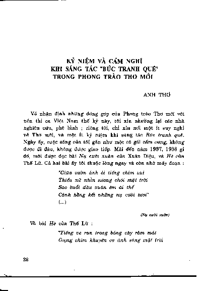 Kỷ niệm và cảm nghĩ khi sáng tácBức tranh quêtrong Phong trào Thơ mới