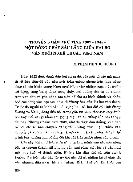 Truyện ngắn trữ tình 1932 - 1945 - một dòng chảy sâu lắng giữa hai bờ văn xuôi nghệ thuậ t Việt Nam